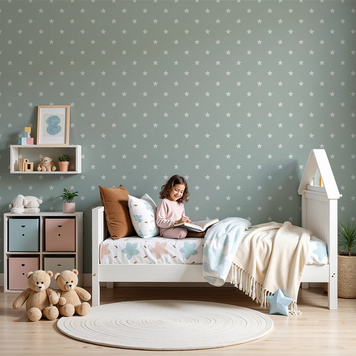 Carta da parati bambini | Stelle bianche su sfondo verde chiaro