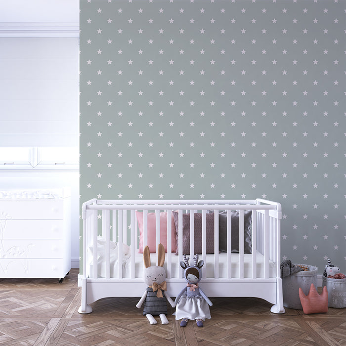 Carta da parati bambini | Stelle bianche su sfondo verde chiaro
