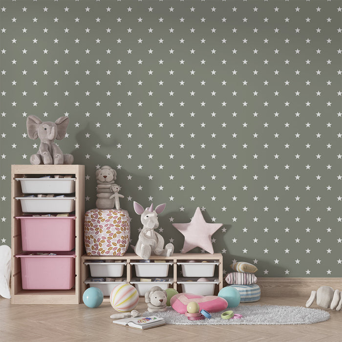 Carta da parati bambini | Stelle bianche su sfondo verde kaki