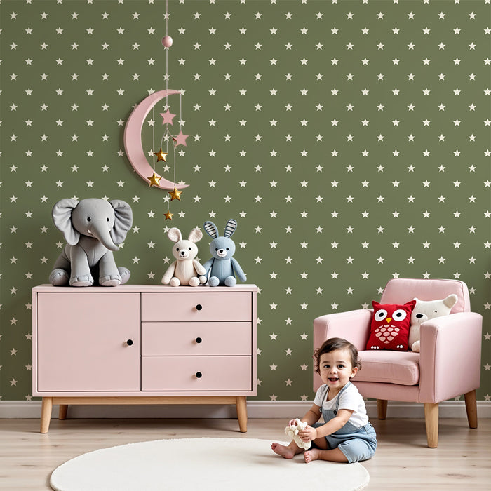Χαρτί τοίχου για το δωμάτιο του μωρού | Λευκά αστέρια σε υπόβαθρο ελαιοχρώματος πράσινου