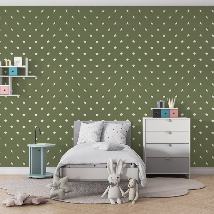 Χαρτί τοίχου για το δωμάτιο του μωρού | Λευκά αστέρια σε υπόβαθρο ελαιοχρώματος πράσινου