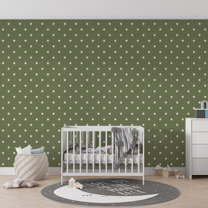 Χαρτί τοίχου για το δωμάτιο του μωρού | Λευκά αστέρια σε υπόβαθρο ελαιοχρώματος πράσινου