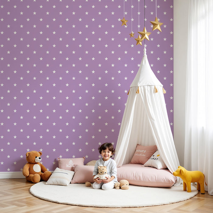 Papel de parede para quarto de bebé | Estrelas brancas sobre fundo lilás suave