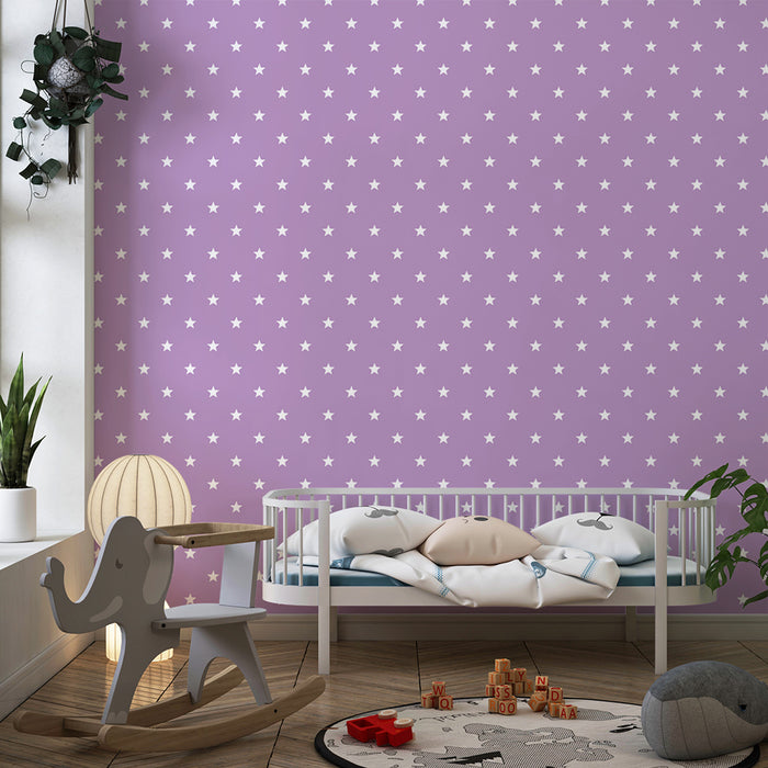 Papel de parede para quarto de bebé | Estrelas brancas sobre fundo lilás suave