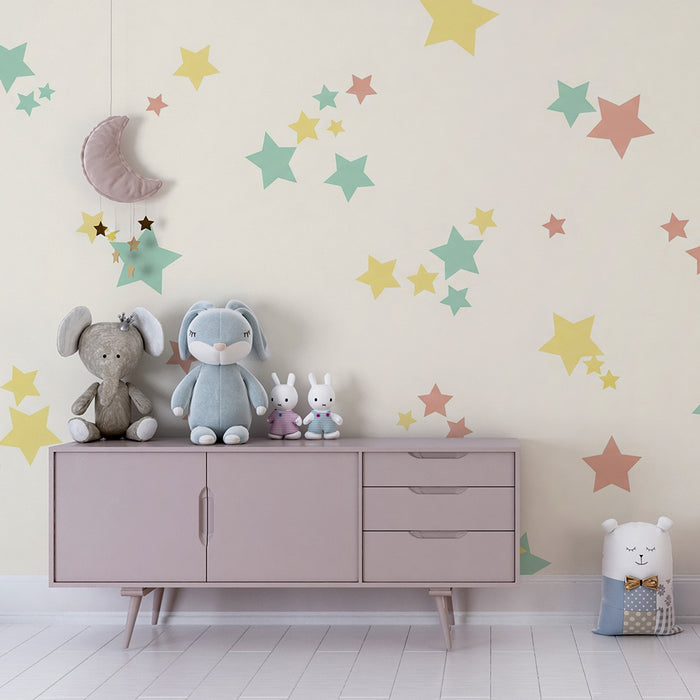 Babyzimmer Tapete | Bunte Sterne auf beigem Hintergrund