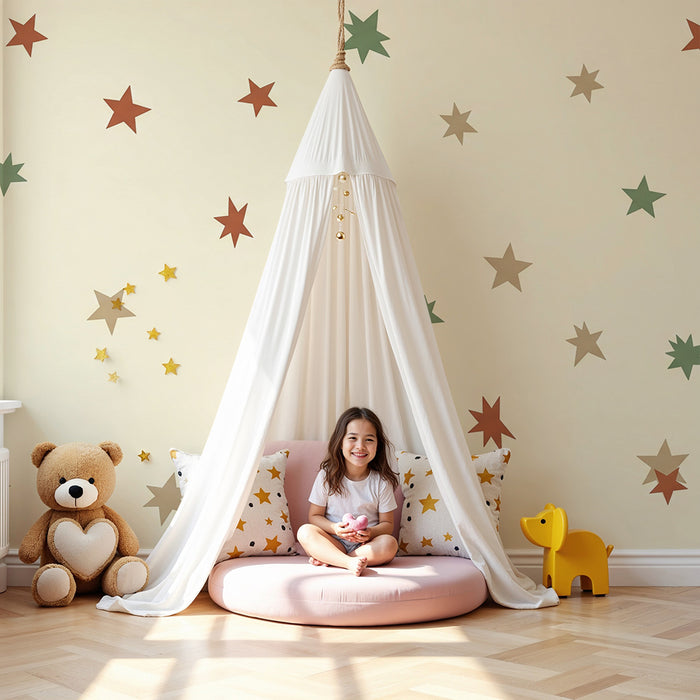 Papel de parede quarto bebê | Estrelas coloridas em fundo suave