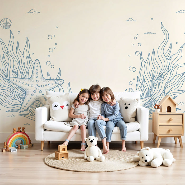 Papier peint chambre bébé | Étoiles de mer et algues marines sur fond doux