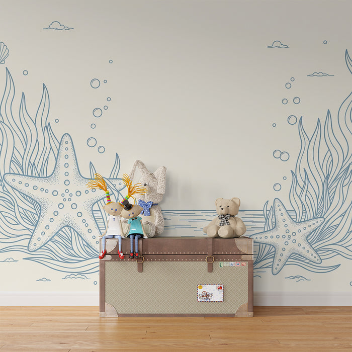 Papier peint chambre bébé | Étoiles de mer et algues marines sur fond doux