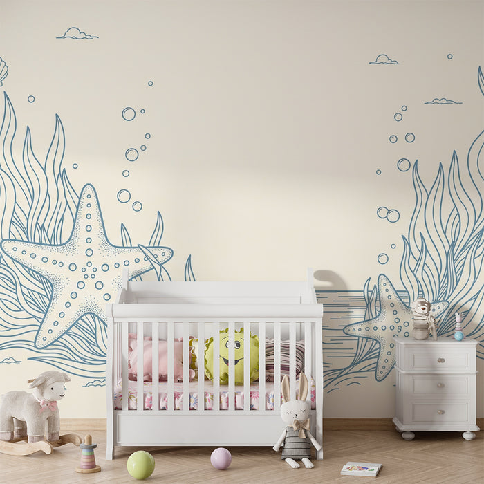 Papier peint chambre bébé | Étoiles de mer et algues marines sur fond doux