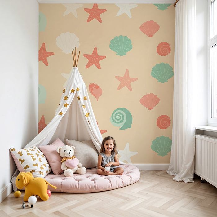 Baby Room Wallpaper | Colorful Starfish and Seashells on a Soft Background