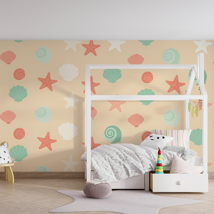Baby Room Wallpaper | Colorful Starfish and Seashells on a Soft Background