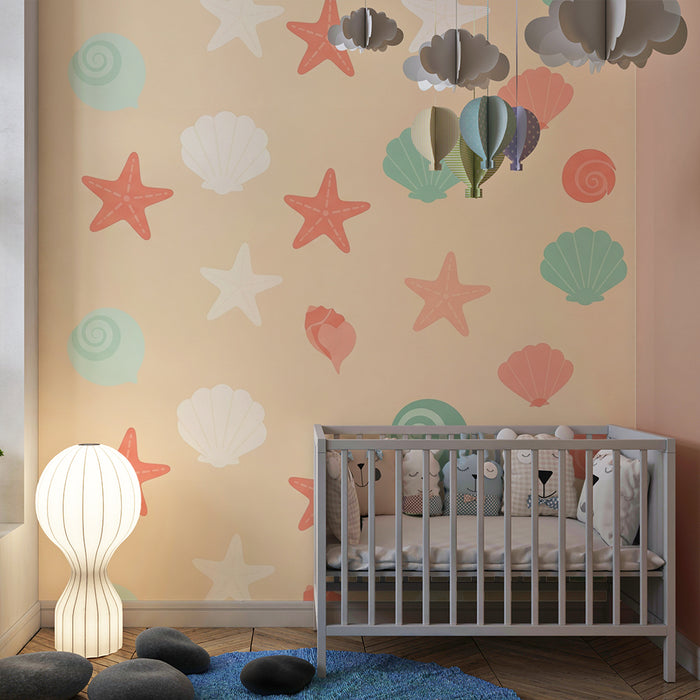 Baby Room Wallpaper | Colorful Starfish and Seashells on a Soft Background