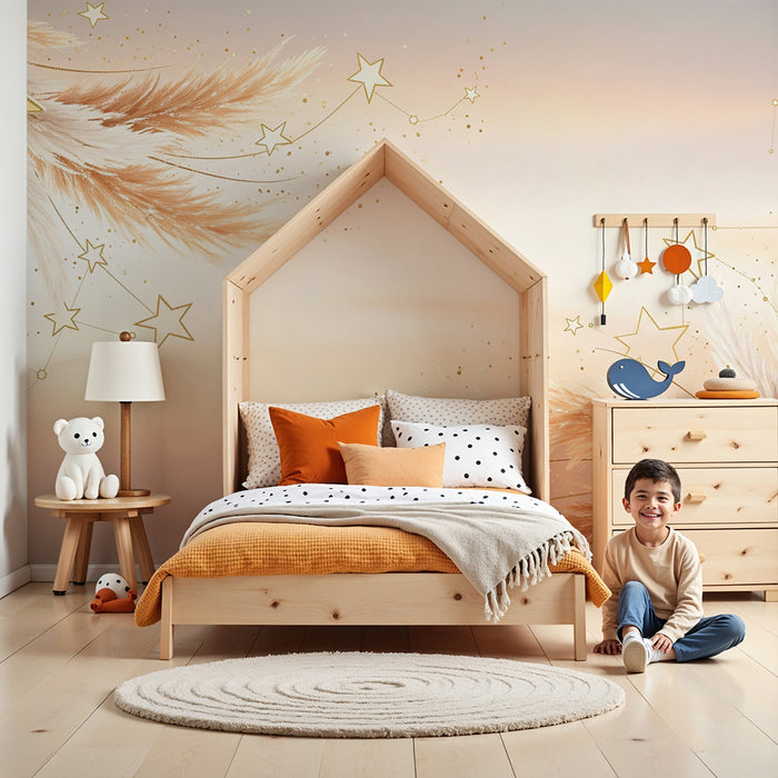 Papier peint chambre bébé | Étoiles dorées et plumes délicates sur un fond pastel