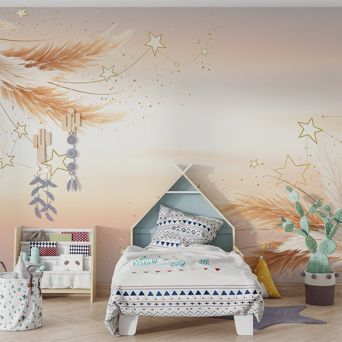 Papier peint chambre bébé | Étoiles dorées et plumes délicates sur un fond pastel
