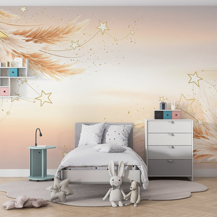 Papier peint chambre bébé | Étoiles dorées et plumes délicates sur un fond pastel
