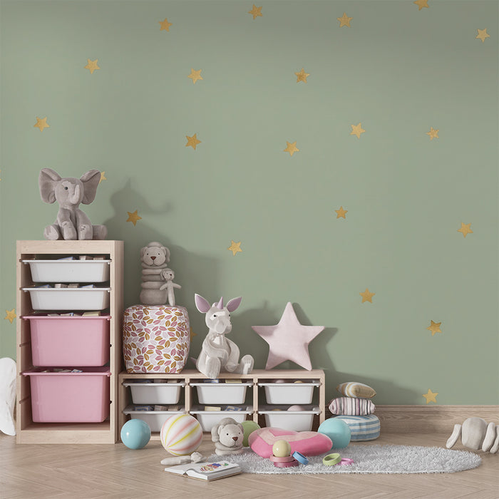Papel de parede quarto bebê | Estrelas douradas em fundo verde suave