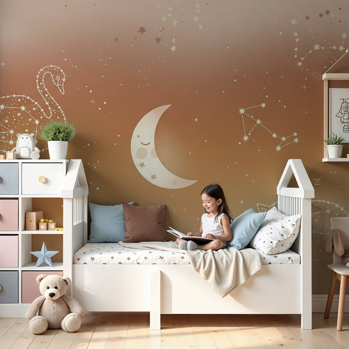 Papier peint chambre bébé | Étoiles et animaux endormis sous la lune