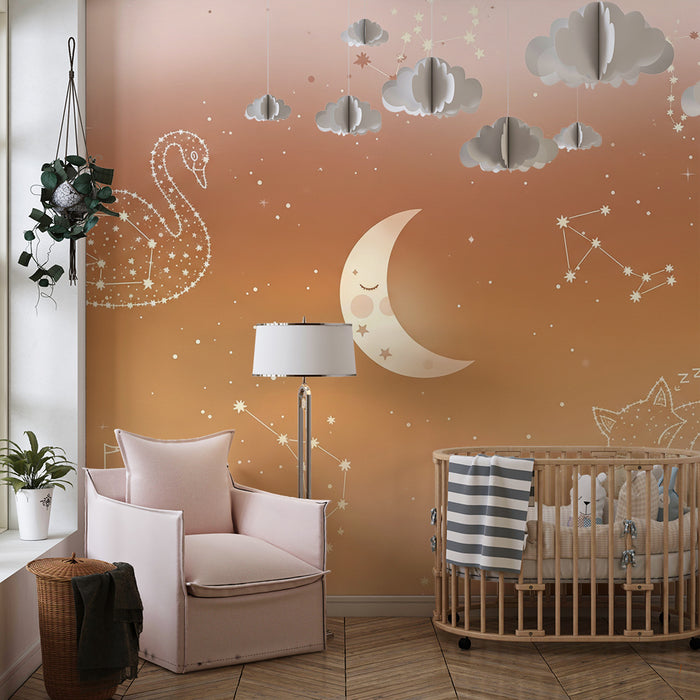 Papier peint chambre bébé | Étoiles et animaux endormis sous la lune