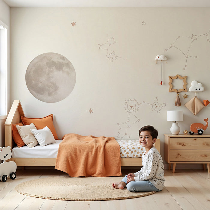 Papier peint chambre bébé | Étoiles et animaux mignons sous la lune