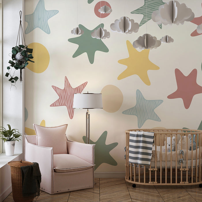 Paberi tapeet beebi tuba | Värvilised tähed ja ringid pehmel taustal
