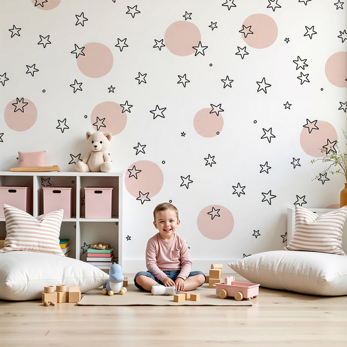 Papier peint chambre bébé | Étoiles et cercles roses sur fond blanc