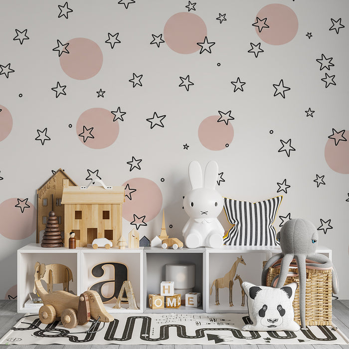 Papier peint chambre bébé | Étoiles et cercles roses sur fond blanc