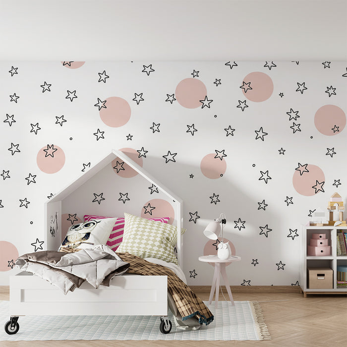Papier peint chambre bébé | Étoiles et cercles roses sur fond blanc