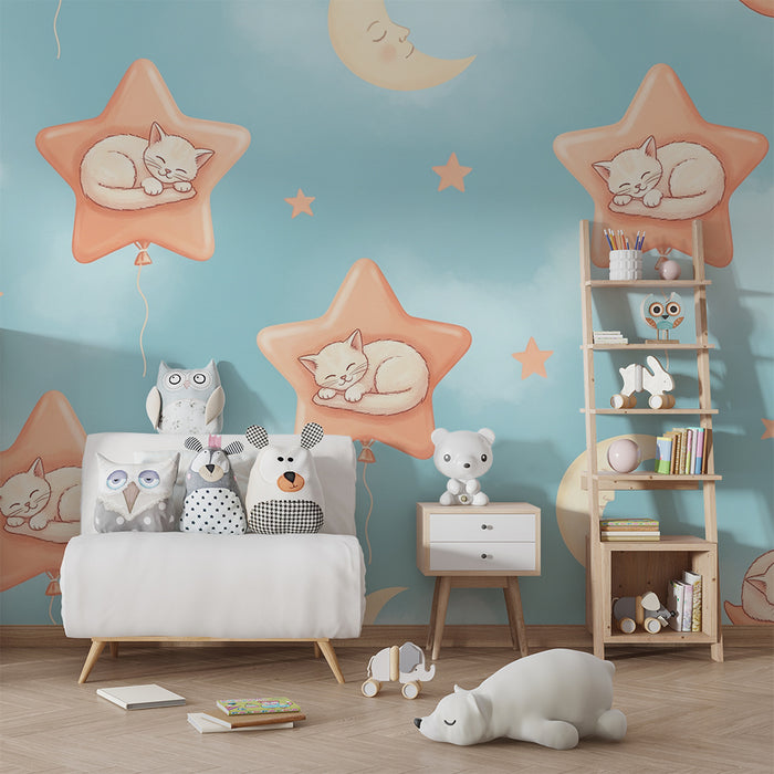 Vægmaleri til børneværelse | Sovende stjerner og katte under en blå himmel