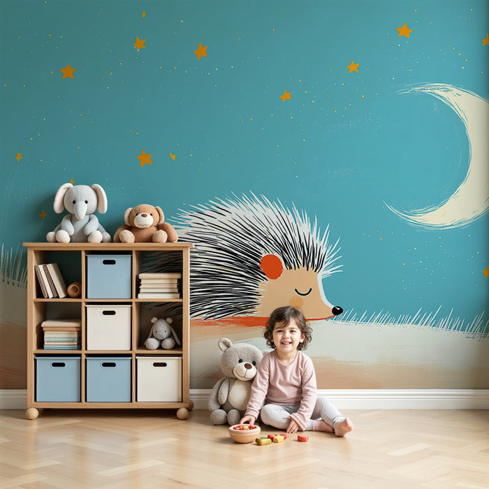 Papier peint chambre bébé | Étoiles et hérisson endormi