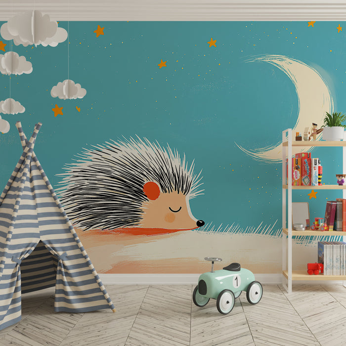Papier peint chambre bébé | Étoiles et hérisson endormi