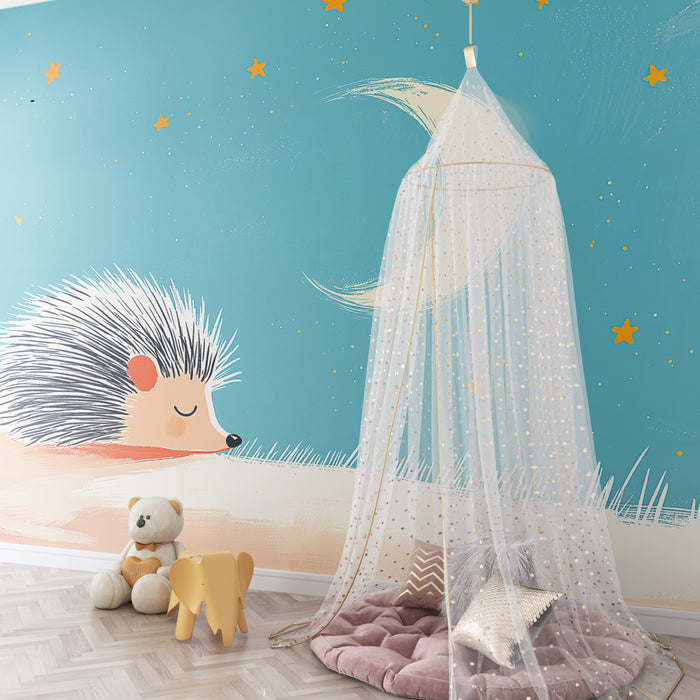 Papier peint chambre bébé | Étoiles et hérisson endormi