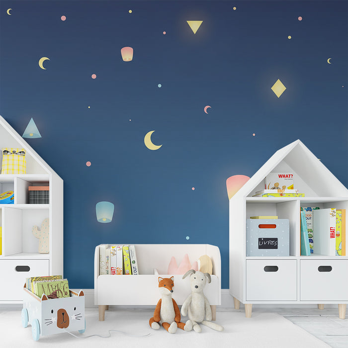 Nursery room wallpaper | Színes csillagok és lámpások egy nyugtató éjszakai égbolton