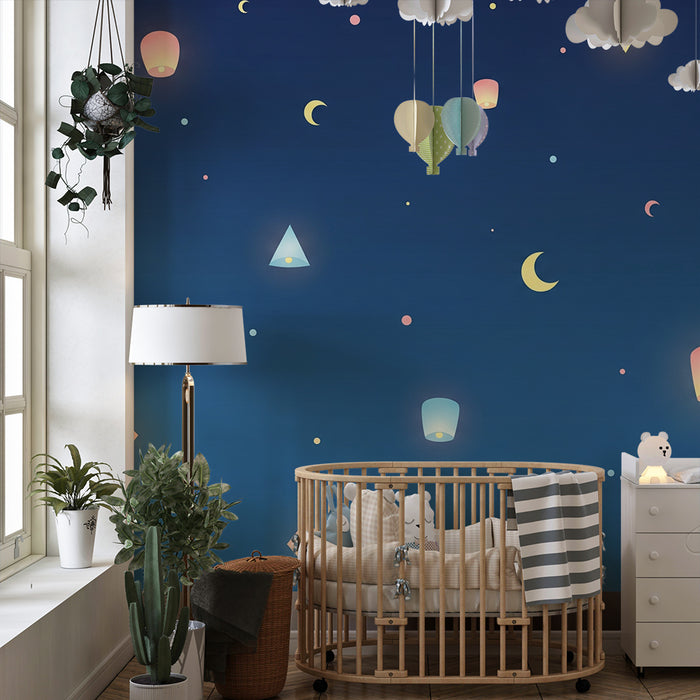 Nursery room wallpaper | Színes csillagok és lámpások egy nyugtató éjszakai égbolton