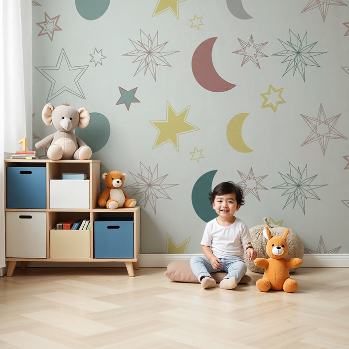 Nursery room wallpaper | Colorful stars and moons on a soft background