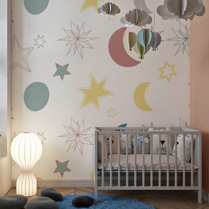 Nursery room wallpaper | Colorful stars and moons on a soft background