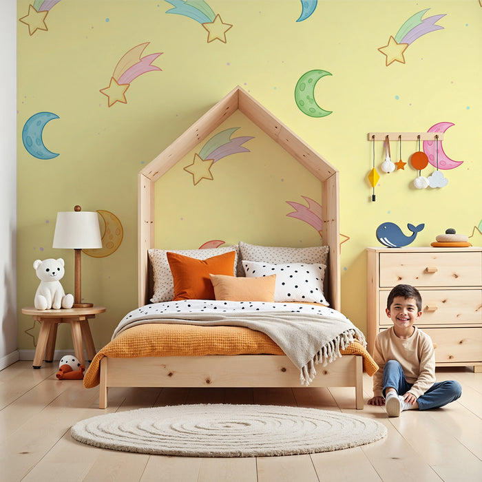 Nursery room wallpaper | Színes csillagok és holdak sárga háttéren