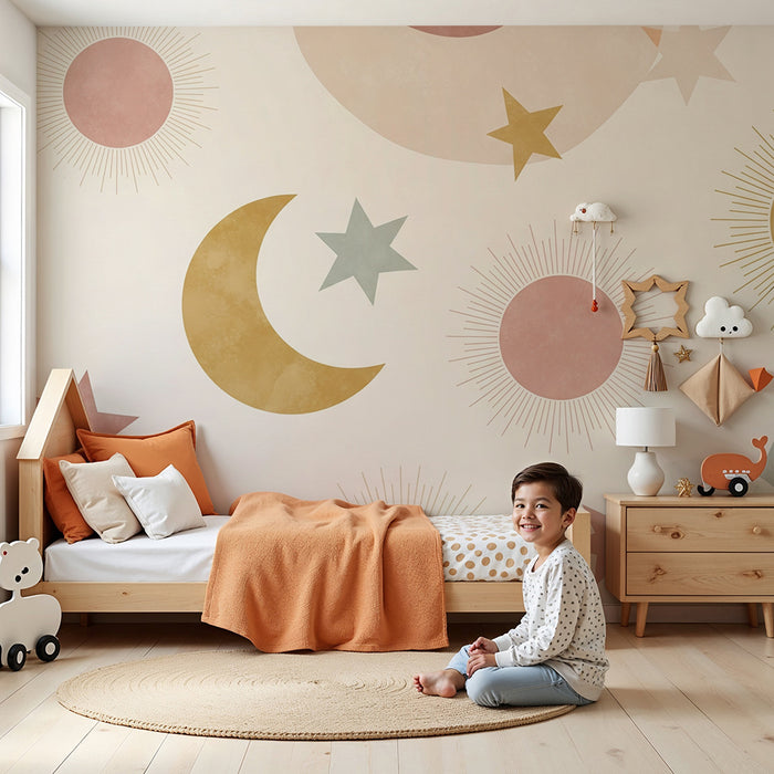 Papel pintado infantil | Estrellas y lunas en tonos suaves