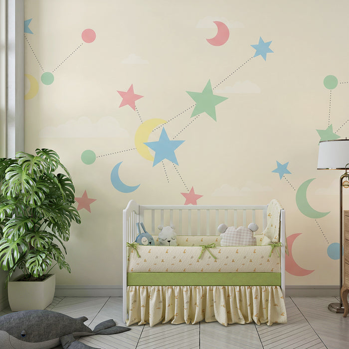 Χαρτί τοίχου βρεφικού δωματίου | Αστέρια και φεγγάρια παστέλ σε απαλό ουρανό
