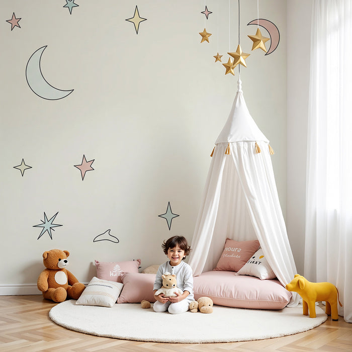Papel de parede quarto bebê | Estrelas e luas pastel em fundo suave