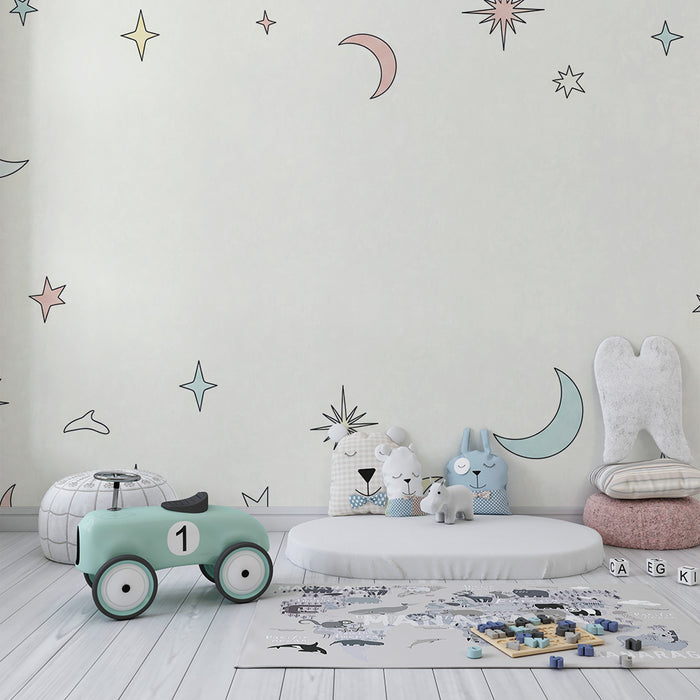 Papel de parede quarto bebê | Estrelas e luas pastel em fundo suave