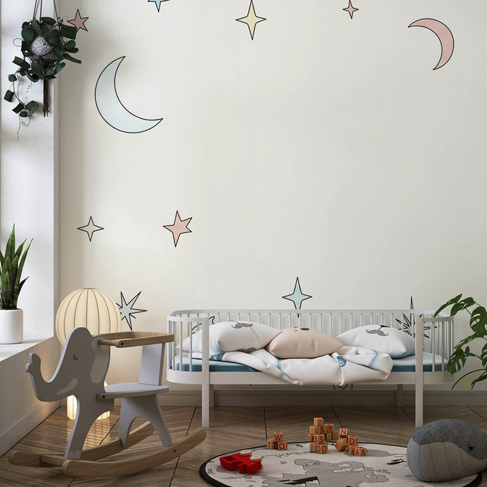 Papel de parede quarto bebê | Estrelas e luas pastel em fundo suave