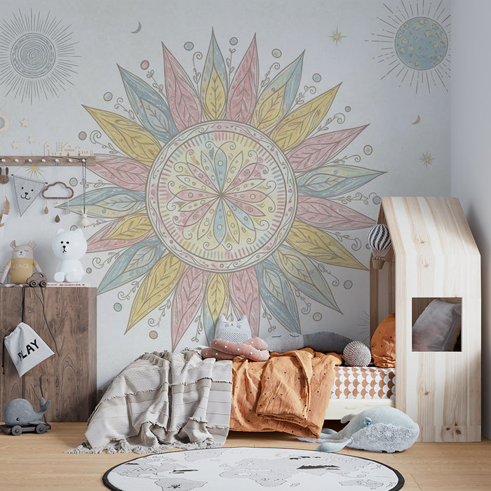 Papel de parede quarto bebê | Estrelas e padrões solares suaves para um ambiente calmante