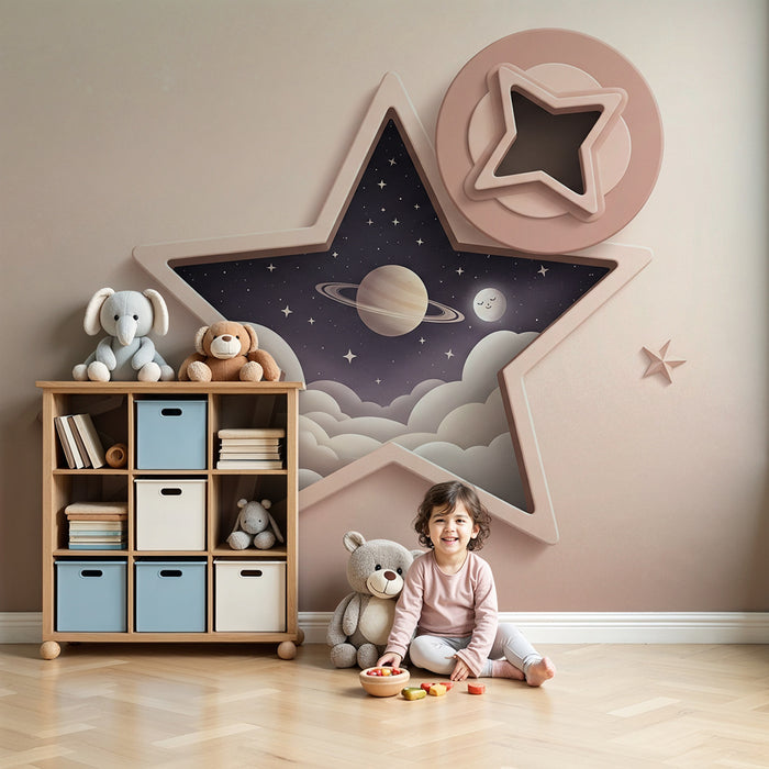 Papier peint chambre bébé | Étoiles et planètes dans un ciel étoilé