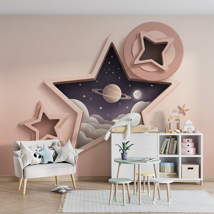 Papier peint chambre bébé | Étoiles et planètes dans un ciel étoilé