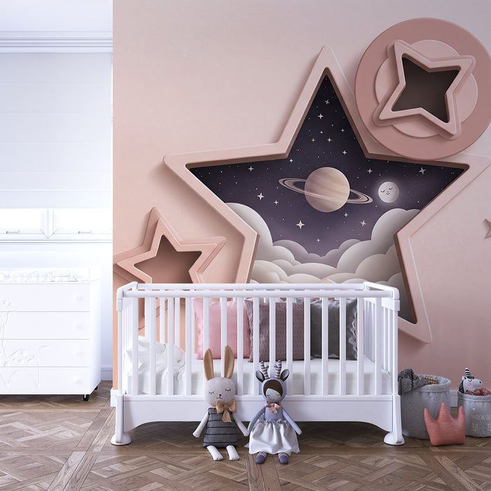 Papier peint chambre bébé | Étoiles et planètes dans un ciel étoilé