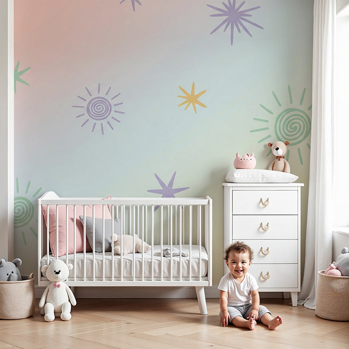 Babykamer behang | Pastel sterren en zonnen op een zachte achtergrond
