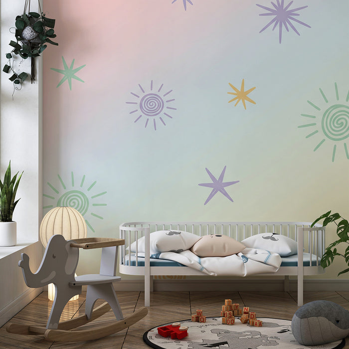 Babykamer behang | Pastel sterren en zonnen op een zachte achtergrond