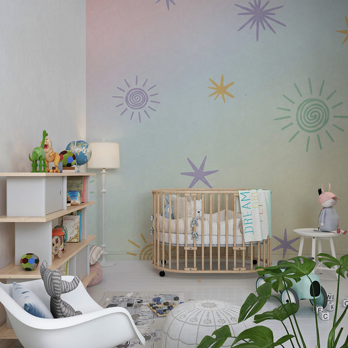 Babykamer behang | Pastel sterren en zonnen op een zachte achtergrond