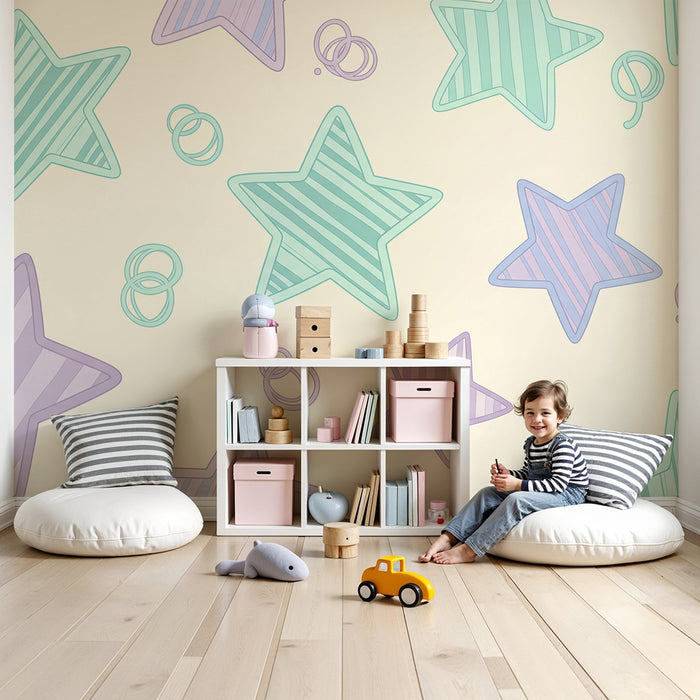 Papel de parede quarto bebê | Estrelas pastel e círculos lúdicos em fundo suave