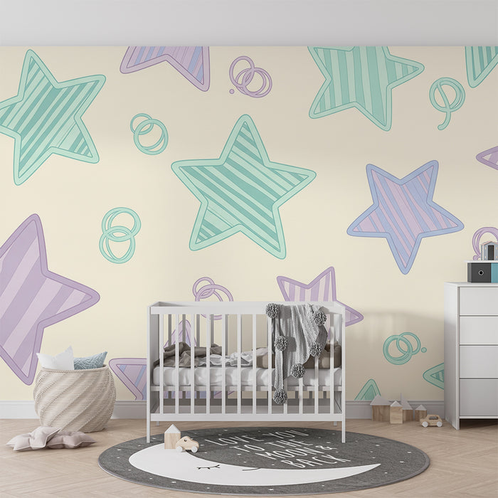 Papel de parede quarto bebê | Estrelas pastel e círculos lúdicos em fundo suave